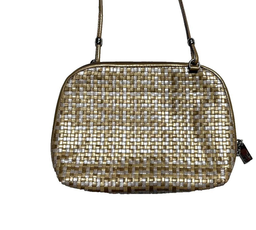 GEM Vintage Genuine Woven Leather Handbag Crossbody Purse Two Tone Silver Gold